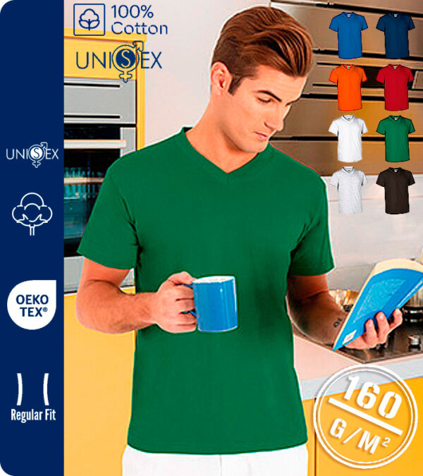 CAMISETA HOMBRE CUELLO PICO MANGA CORTA 100% ALGOD&Oacute;N 160 Grms. VALENTO SUN