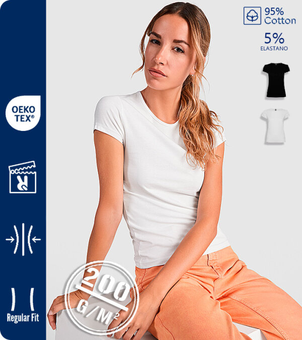 CAMISETA MUJER ENTALLADA  TEJIDO EL&Aacute;STICO 95% ALGOD&Oacute;N 5& ELASTANO MANGA CORTA 200 Grms. ROLY BALI 6597