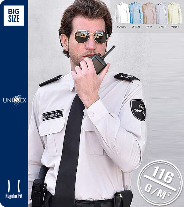 CAMISA VIGILANTE UNISEX MANGA LARGA, CHARRETERAS Y PORTACHAPAS TEXTIL-R DENIA 120L