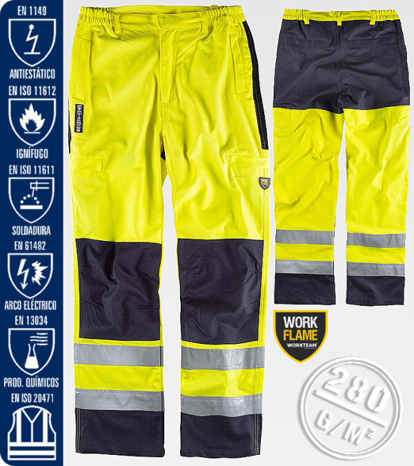 PANTAL&Oacute;N IGN&Iacute;FUGO, ANTIEST&Aacute;TICO CON PROTECCI&Oacute;N PARA SOLDADURA, ARCO EL&Eacute;CTRICO Y CONTRA PRODUCTOS QU&Iacute;MICOS, DE ALTA VISIBILIDAD 280 Grms WORKTEAM B1492