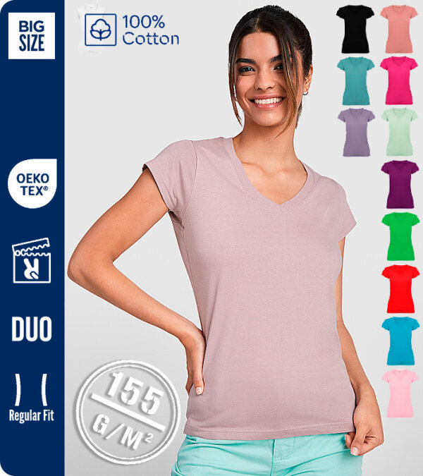 CAMISETA MUJER 100% ALGOD&Oacute;N CUELLO PICO 155 Grms. ROLY VICTORIA 6646