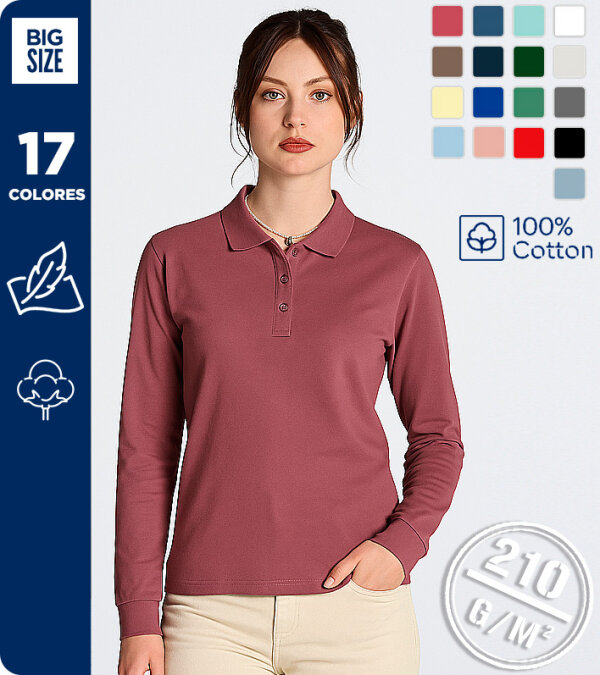POLO 100% ALGOD&Oacute;N MANGA LARGA MUJER 210g MUKUA PL200WW/WC HOBART WOMAN