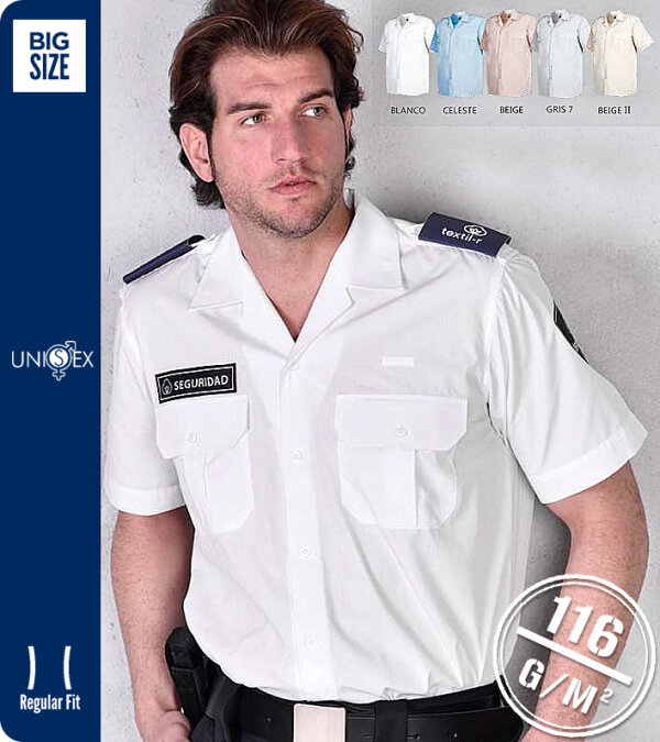 CAMISA VIGILANTE UNISEX MANGA CORTA  CUELLO REGULABLE, CHARRETERAS Y PORTACHAPAS TEXTIL-R REGULABLE 121C