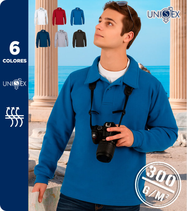 SUDADERA CUELLO POLO MANGA LARGA, CINTURA ABIERTA  Y PU&Ntilde;OS. 300 Grms. VALENTO APOLO
