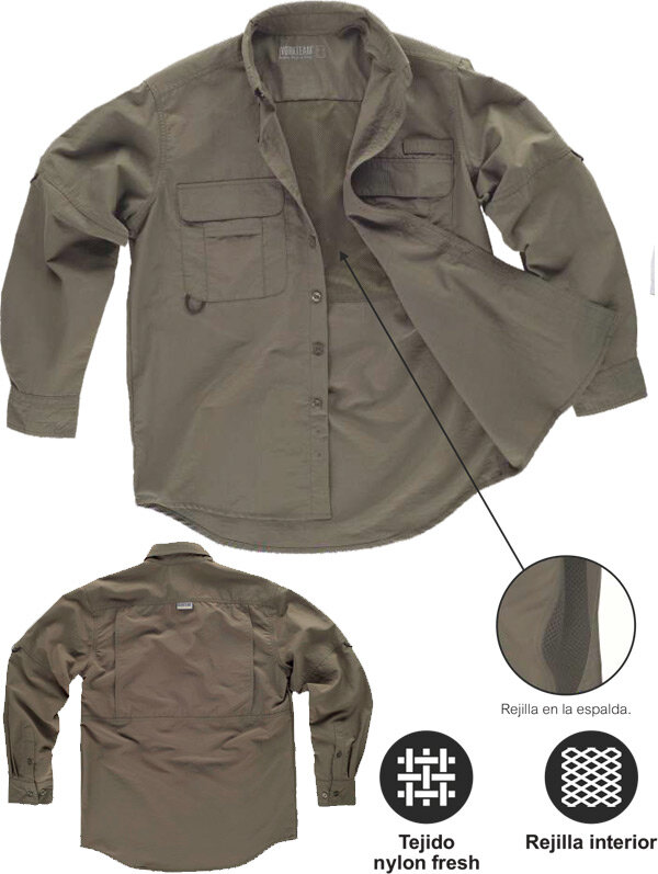 CAMISA TIPO SAFARI CON ABERTURA TRASERA Y REJILLA INTERIOR MANGA LARGA 105Grms WORKTEAM B8500